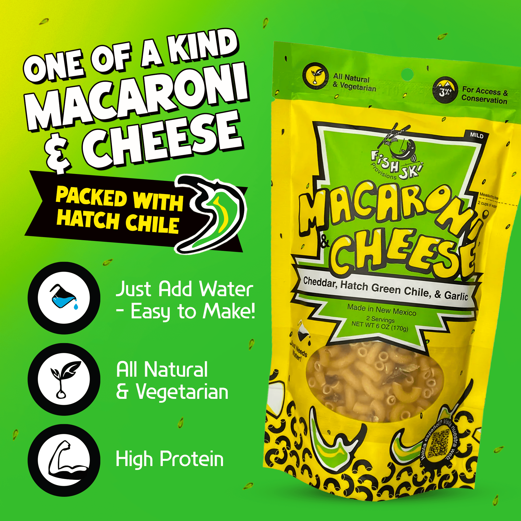 FishSki Provisions Macaroni and Cheese with Hatch Green Chile, Garlic Cheddar Cheese, 6 Pack
