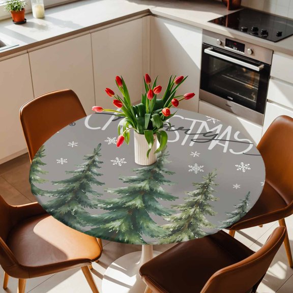 Round Fitted Tablecloth with Elastic Edge, Watercolor Pine Tree on Gray Fitted Table Cloth for Round Tables 36-44in, Winter Snowflake Merry Christmas Waterproof Tablecloth for Outdoor Picnic Party