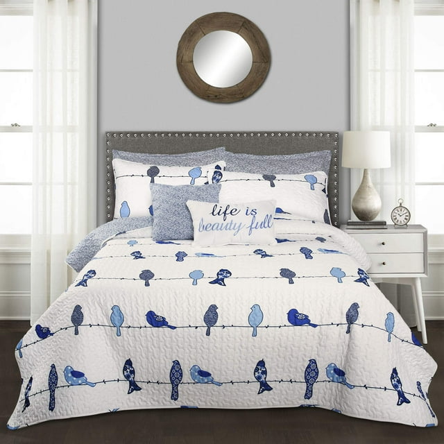 Lush Decor , Ensemble de Courtepointe Réversible 7 Pcs Navy Rowley Birds, Grand Lit/Grand