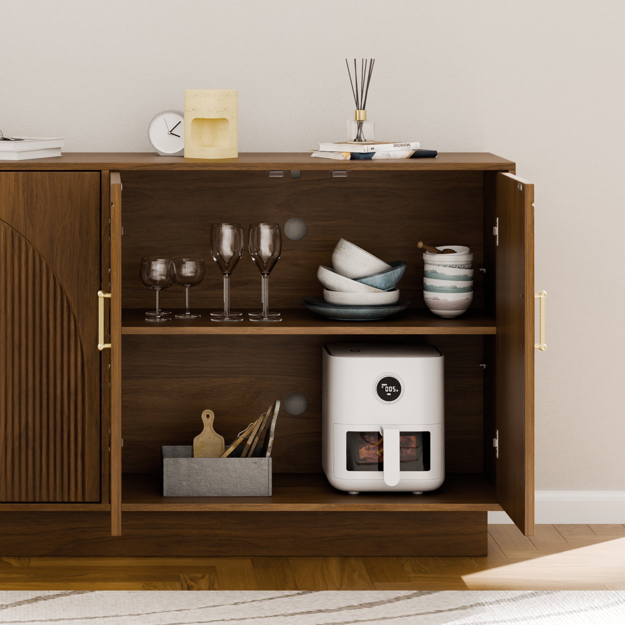 Mid-Century Fluted TV Stand with Storage Fits TVs up to 75", Entryway Console, Sideboard, Walnut Brown