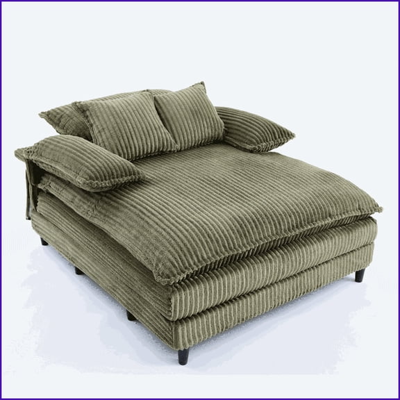 Chaise Lounge Chair | 54.75” W Four-Gear Adjustable Corduroy Sofa Bed with 2 Pillows | Green | Polyester, Wood