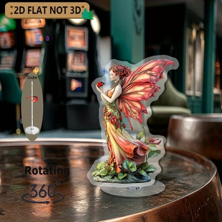 1pc 2d flat Rotating acrylic centerpiece featuring an enchanting fairy spirit with crimson wings gently engaging a ladybug perfect for home display or festive occasions