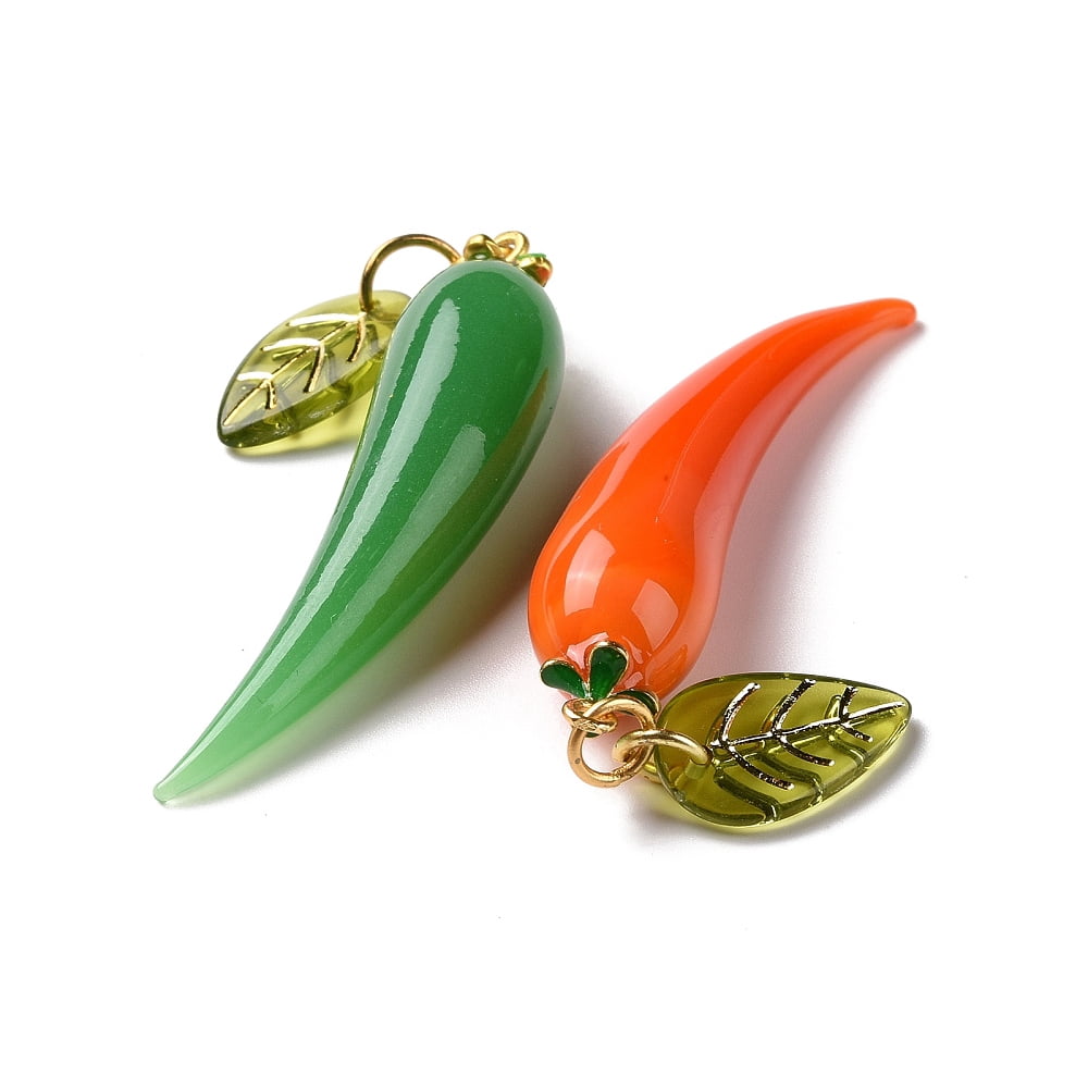 20 pc Handmade Lampwork Big Pendants with Brass Finding and Acrylic Finding Chili & Leaf Mixed Color 58.5x12mm Jump Ring: 6x1mm