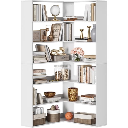 6-Tier L-Shaped Corner Bookshelf with Baffles 70.9 Tall Storage & Display Rack for Living Room Bedroom White