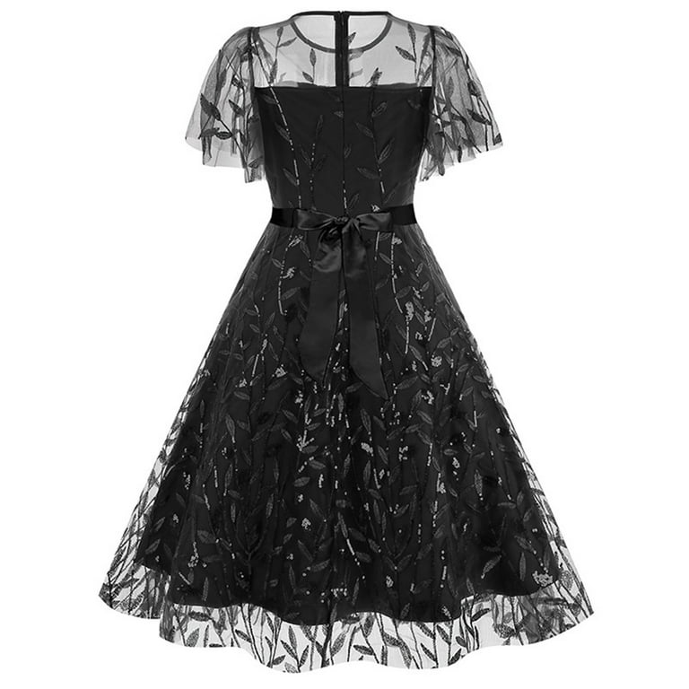 YueHuiYing Women Floral Embroidery Dress Sheer Mesh Ruffle Sleeve Illusion  Vintage Cocktail Swing Dress Tulle Dinner Dress - Walmart.com