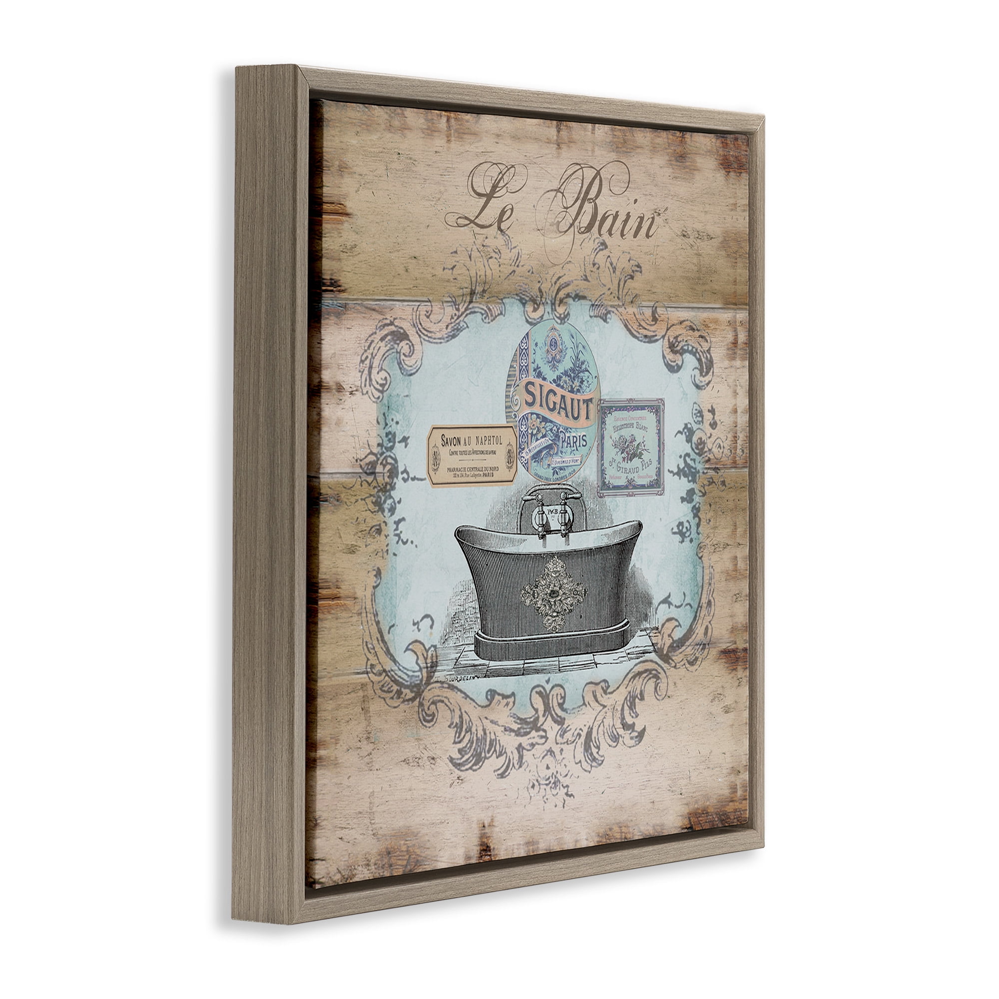 Stupell Industries Le Bain Vintage Style Bath Typography Painting Brown Floater Framed Canvas Art Print Wall Art, 18 x 18