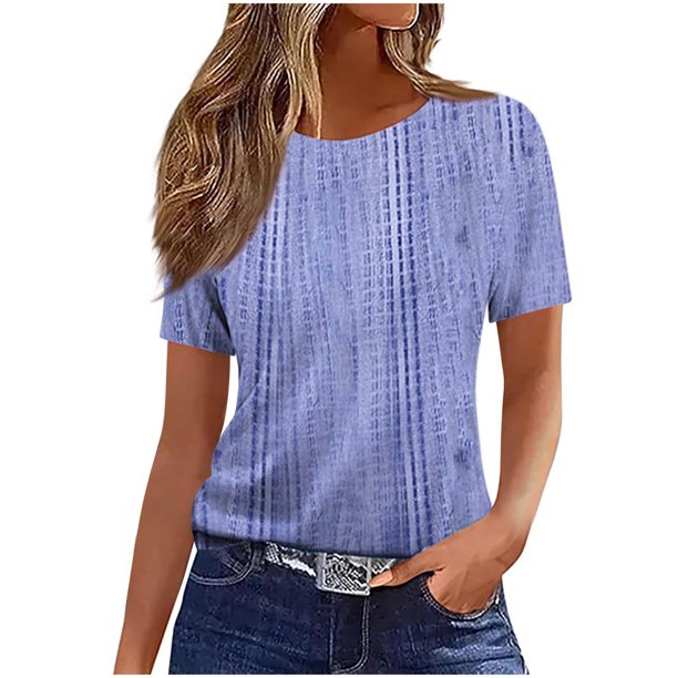 Tops de Manga Corta de Algodón para las Mujeres, Estampado Cuello Redondo Suéter Blusa de Moda para el Hogar Y el Uso Diario
