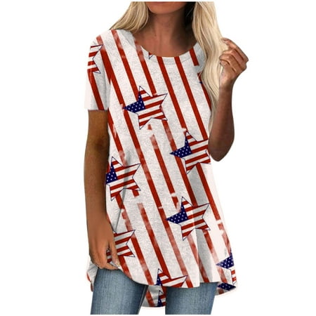 

Women American Flag Print V-Neck Shirts Casual Loose Short Sleeve Independence Day Tunic Blouse Tops Patriotic T-Shirt