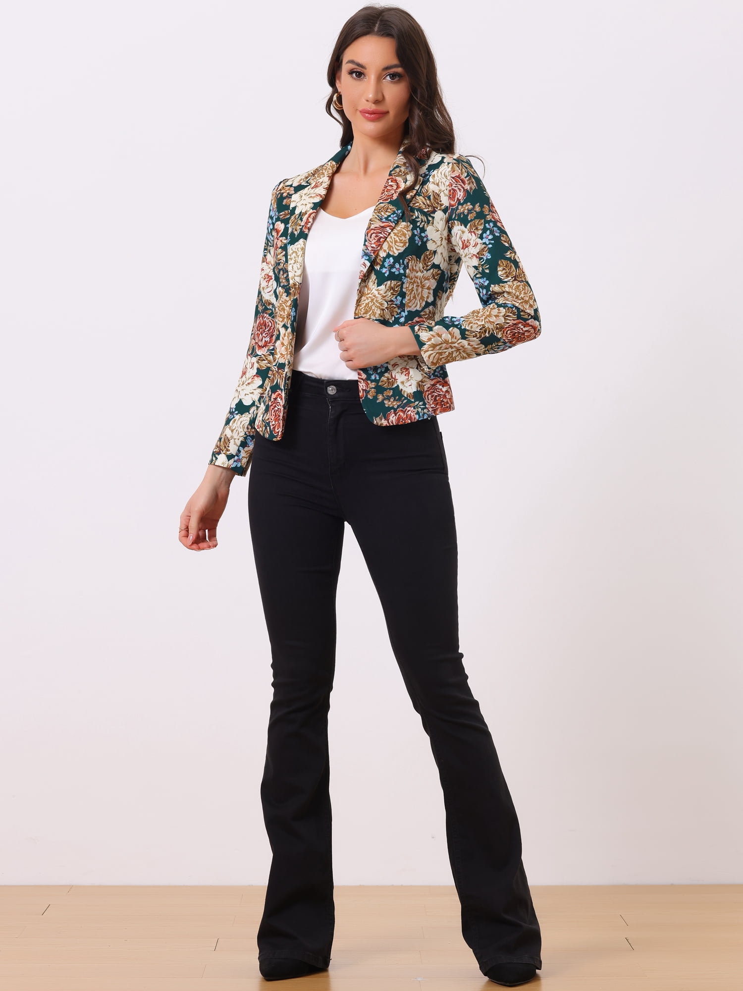 DARING DIVA Women's Elegant Notched Lapel Floral Print Blazer L Dark Green-Floral