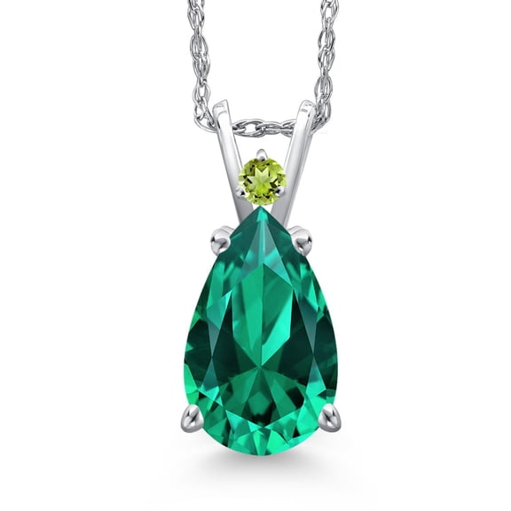 Gem Stone King 14K White Gold Green Nano Emerald and Green Peridot Pendant Necklace for Women | 2.49 Cttw | Gemstone May Birthstone | Pear Shape 12X8MM | With 18 inch Chain