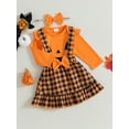 thumbnail image 3 of Wassery Baby Girls Halloween Clothes Long Sleeves  Pumpkin Smiley Face Print Romper and Plaid Suspender Skirt Headband 3 6 9 12 18 24 Months Infant Fall Outfit 3PCS, 3 of 9