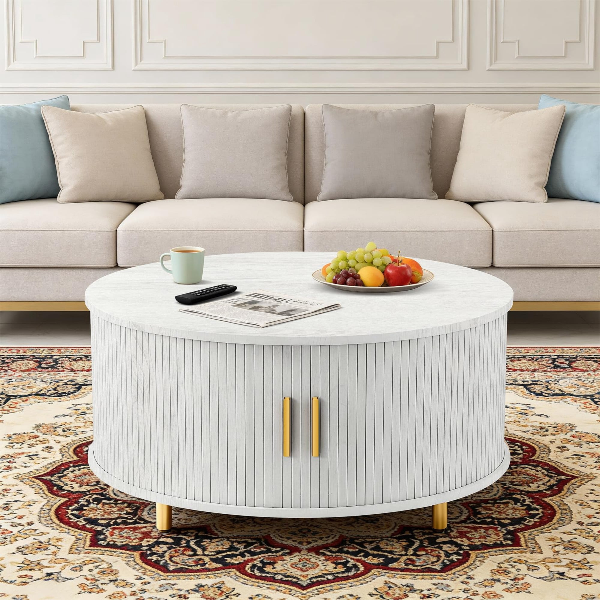 31.5" Round Coffee Table, Mid Century Modern Fluted Coffee Table with 360° Sliding Tambour Door & Storage, White