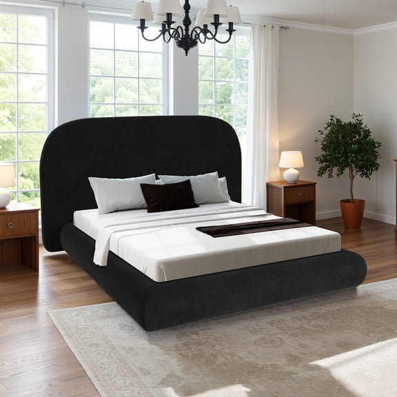 Uforic Velvet Upholstered Cloud Bed Frame with Headboard and Footboard, Black, Easy Assembly, Queen Size