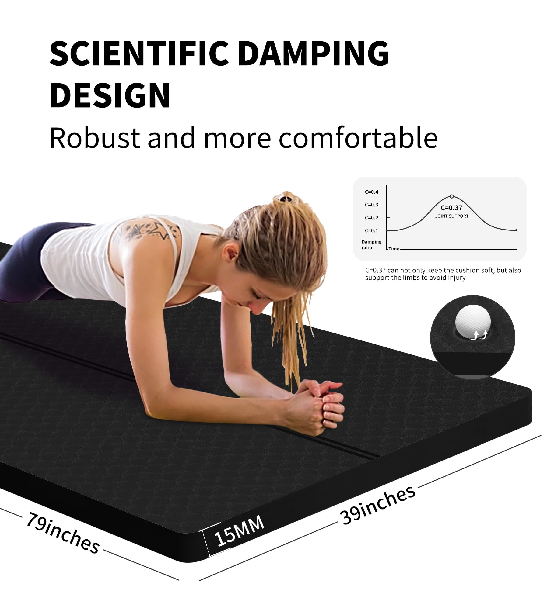 Extra Thickened 15mm Exercise Mat (72" x 32") for Men & Women Non Slip with High Density Large Shock Absorber Pad for Home Gym Travel & Floor Outside Fitness in Black