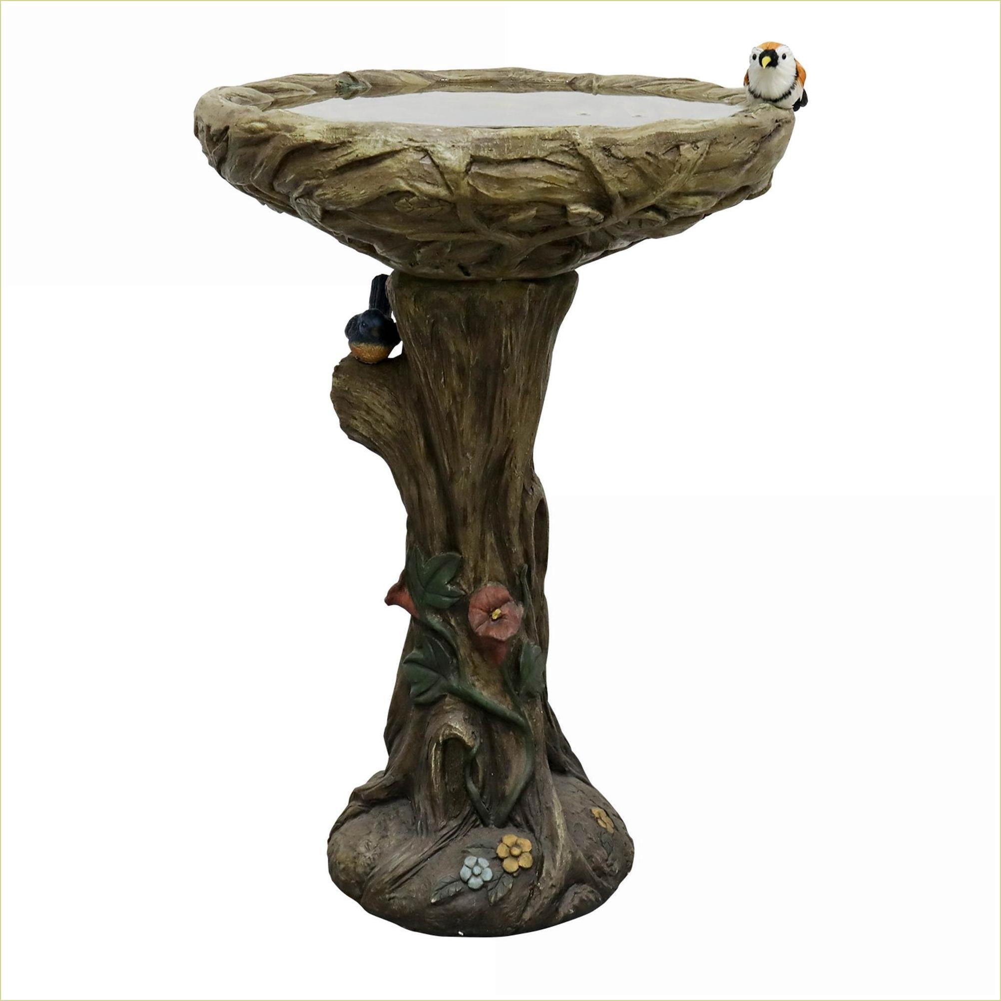 Bird Baths | Rustic Wood Look 25.5" Tall for Garden Yard Patio | Walnut Brown | Concrete Cement