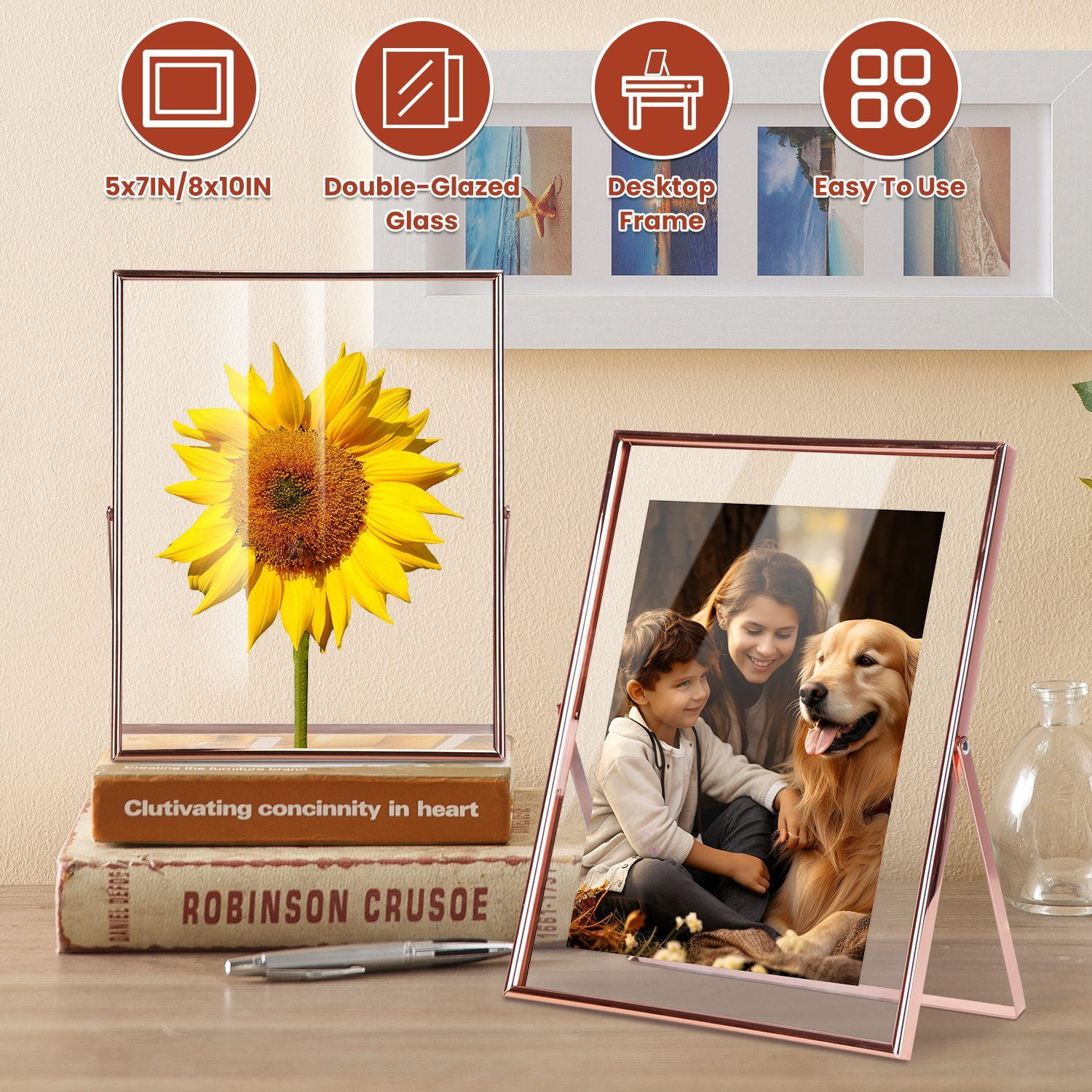 2Pcs Standing Rose Gold Metal Picture Frames 5x7IN 8x10IN Vertical Tabletop Floating Photo Frame
