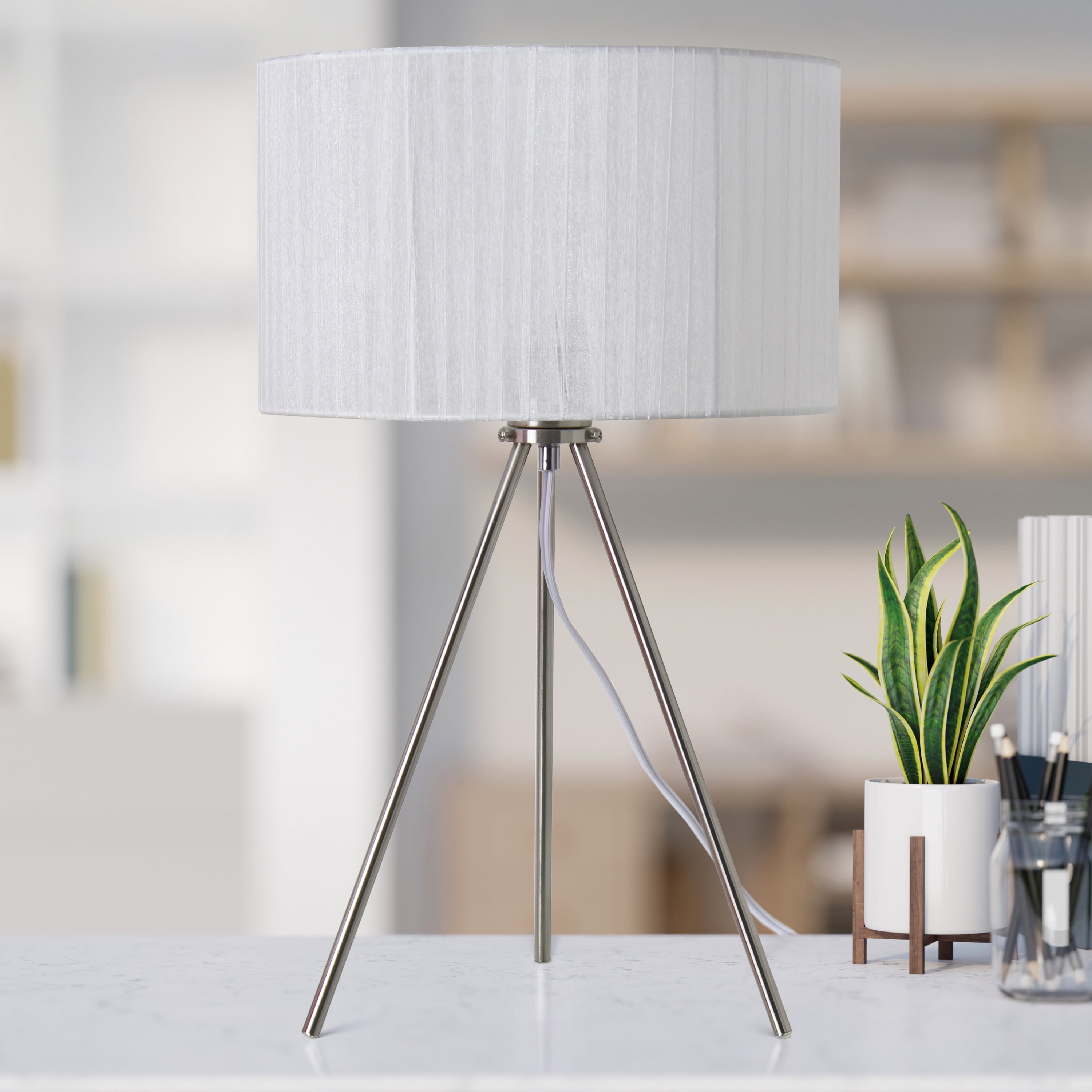 Simple Designs 19.69" Brushed Nickel Tripod Table Lamp and Pleated Silk Sheer Shade with LED Bulb, White