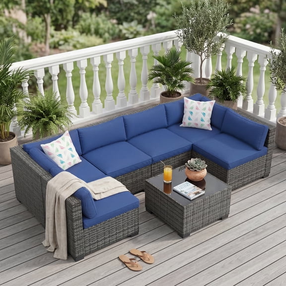 Patio Furniture Sets, 7-Piece Outdoor Sectional Sofa Set with Storage Table & Ottoman, All-Weather PE Wicker Conversation Set for Patio, Backyard & Poolside