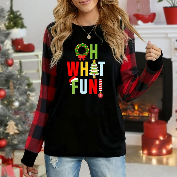 Women's Christmas Plaid Long Sleeve Top, "Oh What Fun Wreath Tree Festive Graphic" Casual Shirt