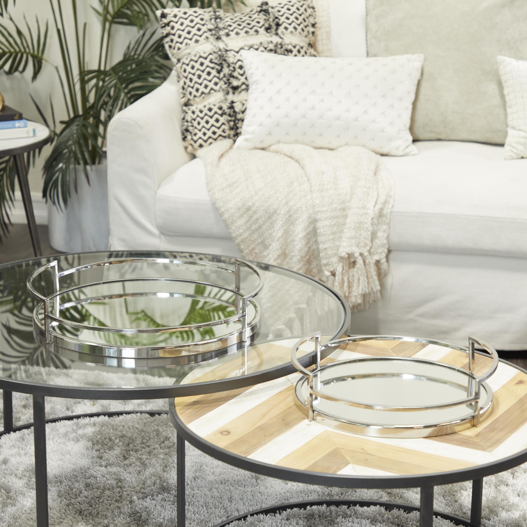 DecMode 19", 14"W Silver Stainless Steel Metal Mirrored Tray with Elevated Rim and Handles, 2-Pieces