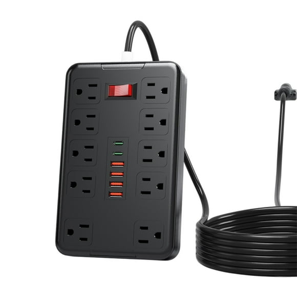 Barre d'Alimentation Standard Us 10 Prises 4 Ports Usb 2 Ports Type‐C 2500 W avec Boutons de Commande Câble 1,8 m Protection contre les Surtensions pour Appareils Électroniques de Maison et de Bureau