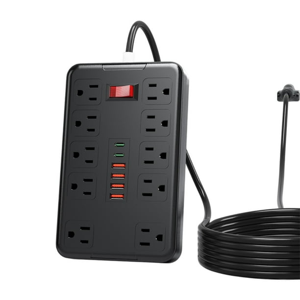 Regleta de enchufes Pisexur para hombre, estándar estadounidense, 2500 W, con botones de control, 10 enchufes, 4 puertos USB y 2 puertos tipo C, para niños, organizador de electrónica.