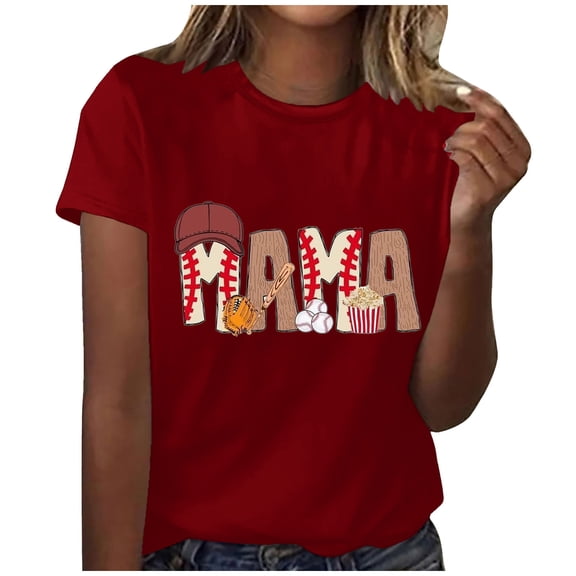 Wycnly Womens Tops Dressy Casual Summer Round Neck Mama Letter Print Tees Mama Letter Print Shirts Mother's Day Loose Breathable Ladies Fashion Pullover Blouses Wine l
