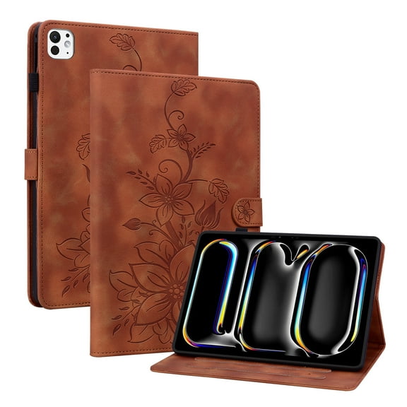 Case for iPad Air 11 2024/Pro 11 2022/2021/2020/2018/Air 4/Air 5, Flower Pattern PU Leather Multi-Angle Viewing Stand Shockproof Flip Case with Card Slot, Magnetic Clasp, Pencil Slot, Brown