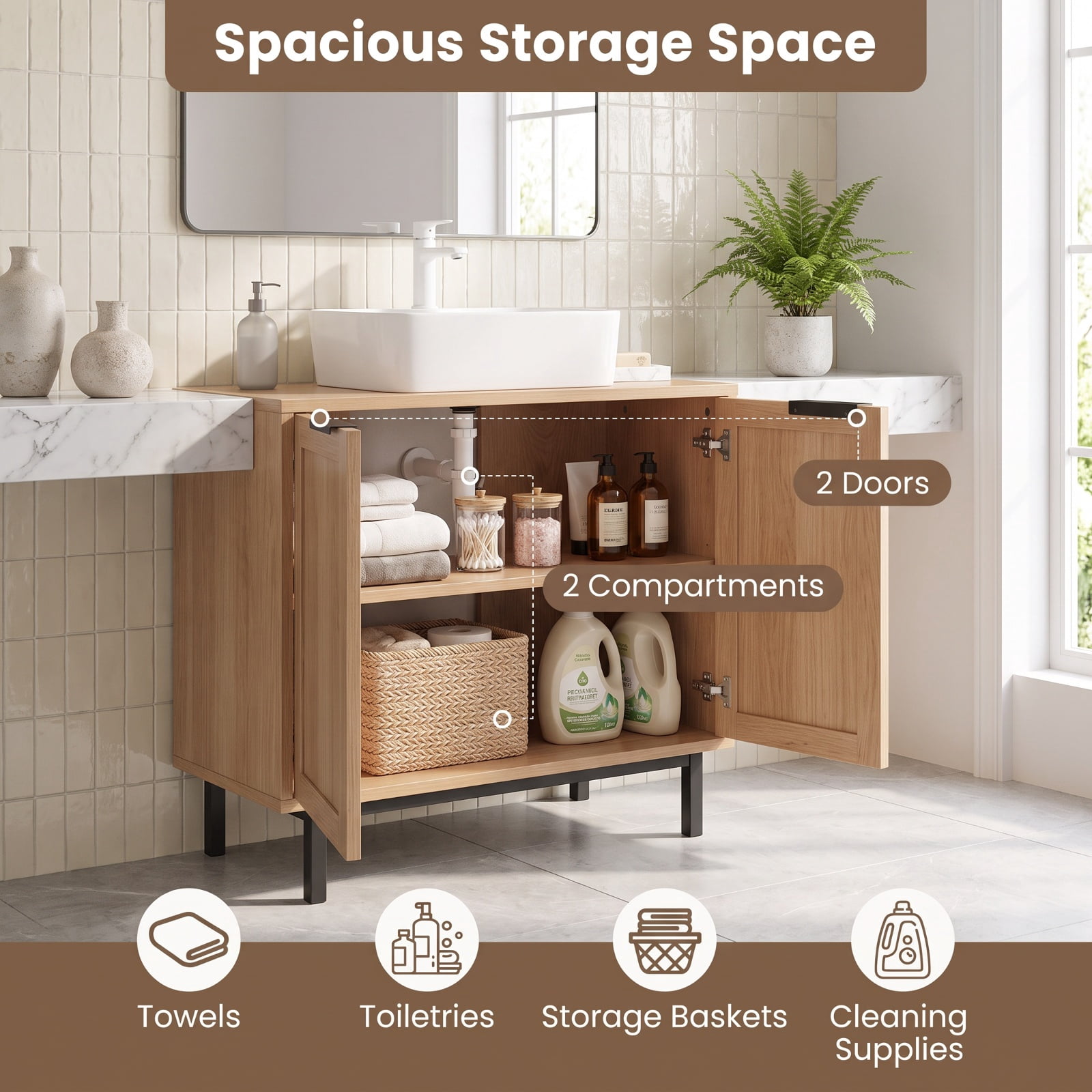 Vebreda Freestanding Bathroom Storage Cabinet, Bathroom Vanity Cabinet with U-Shaped Cut-Out 2 Rattan Doors and Shelf, Hidden Sink Organizer