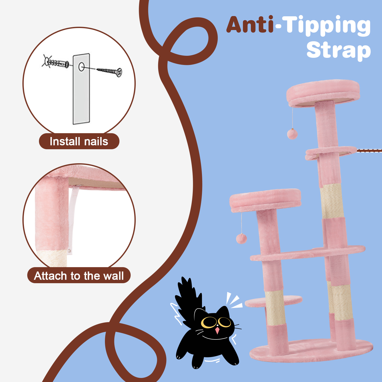 Amolife 55.5" Large Cat Tree and Tower with 5 Scratching Posts, Cat Perches for Indoor Cats and Kittens, Pink