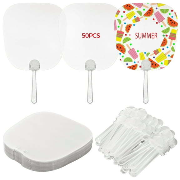 50PCS Sublimation Handheld Fans, Church Fans Handheld Set, DIY Sublimation Blank Fans, Palm Leaf Shape Clear Plastic Fans for Wedding, Party, Crafting, Easy Assembly