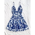 thumbnail image 3 of Blue And White Floral Print Spaghetti Strap Open Back Cinched Waist A-Line Mini Dress, 3 of 5