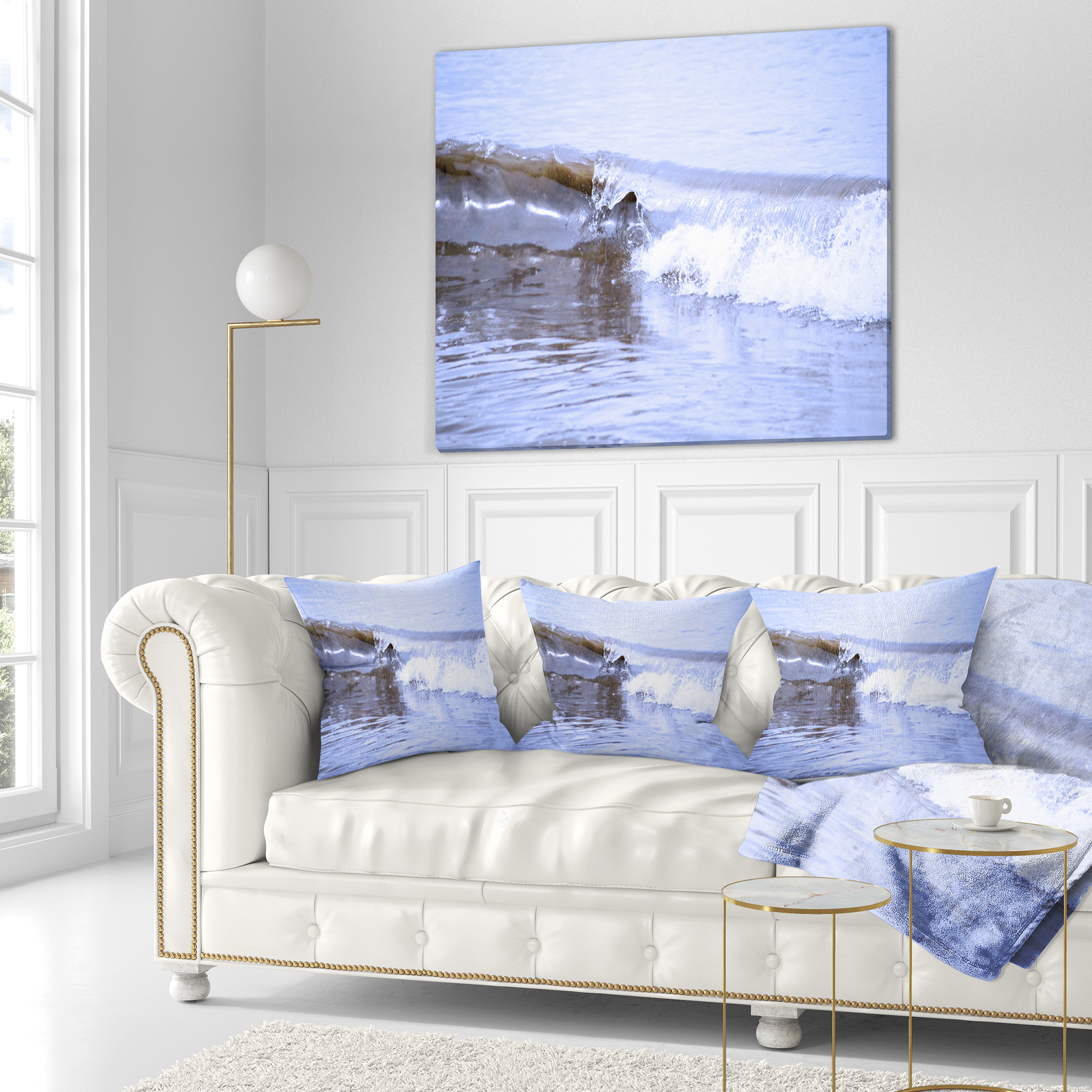 Designart Crisp Blue Waves Splashing Beach - Seashore Throw Pillow - 18x18
