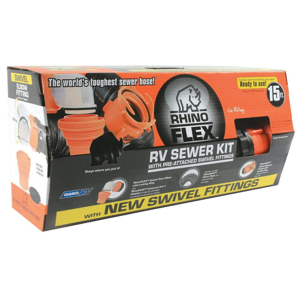 Camco RhinoFLEX 15ft RV Sewer Hose Kit, Includes Swivel Fitting and