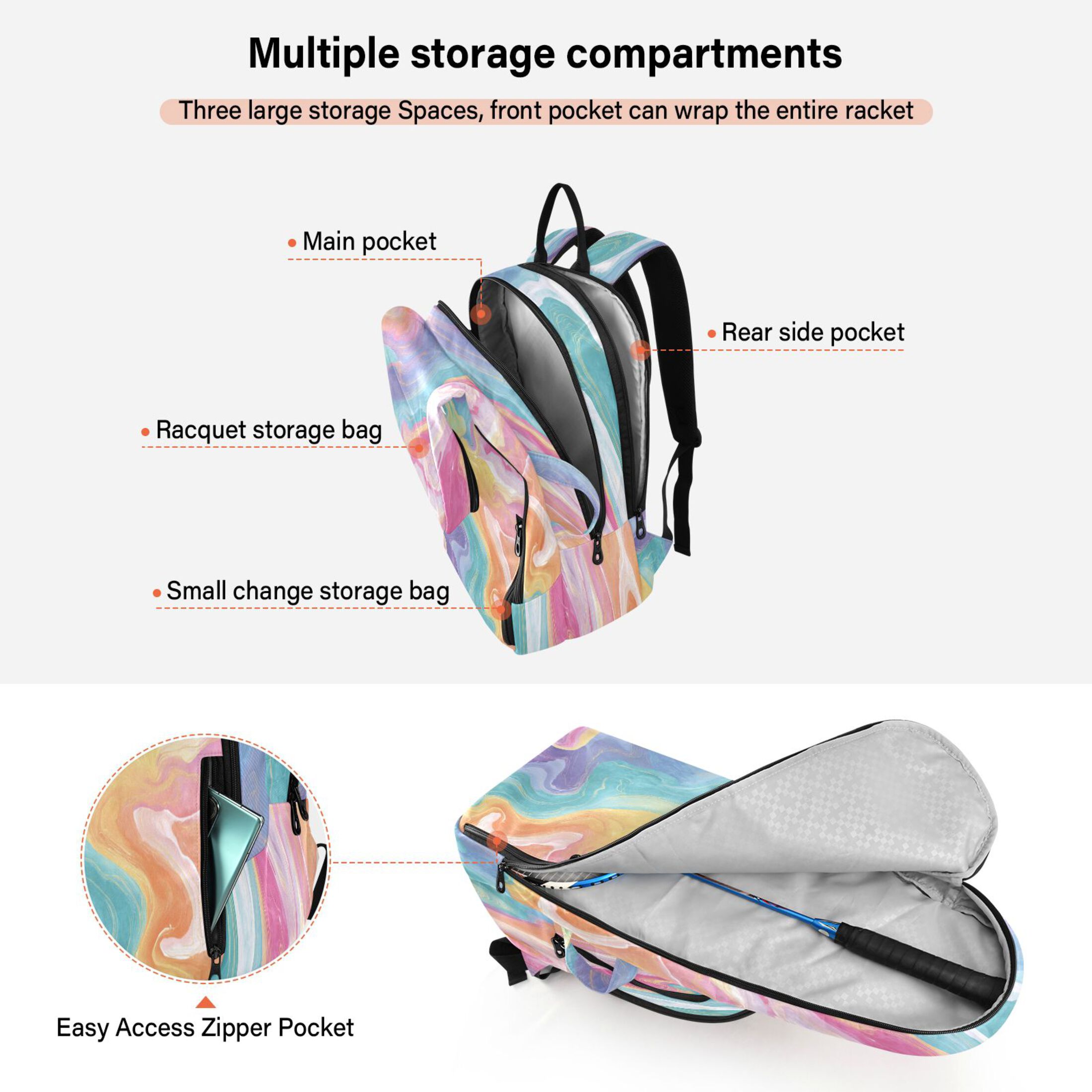 2 Racquet Holder Tennis Backpack Tennis Racket Covers Gym Bags Rainbow-colored Twists