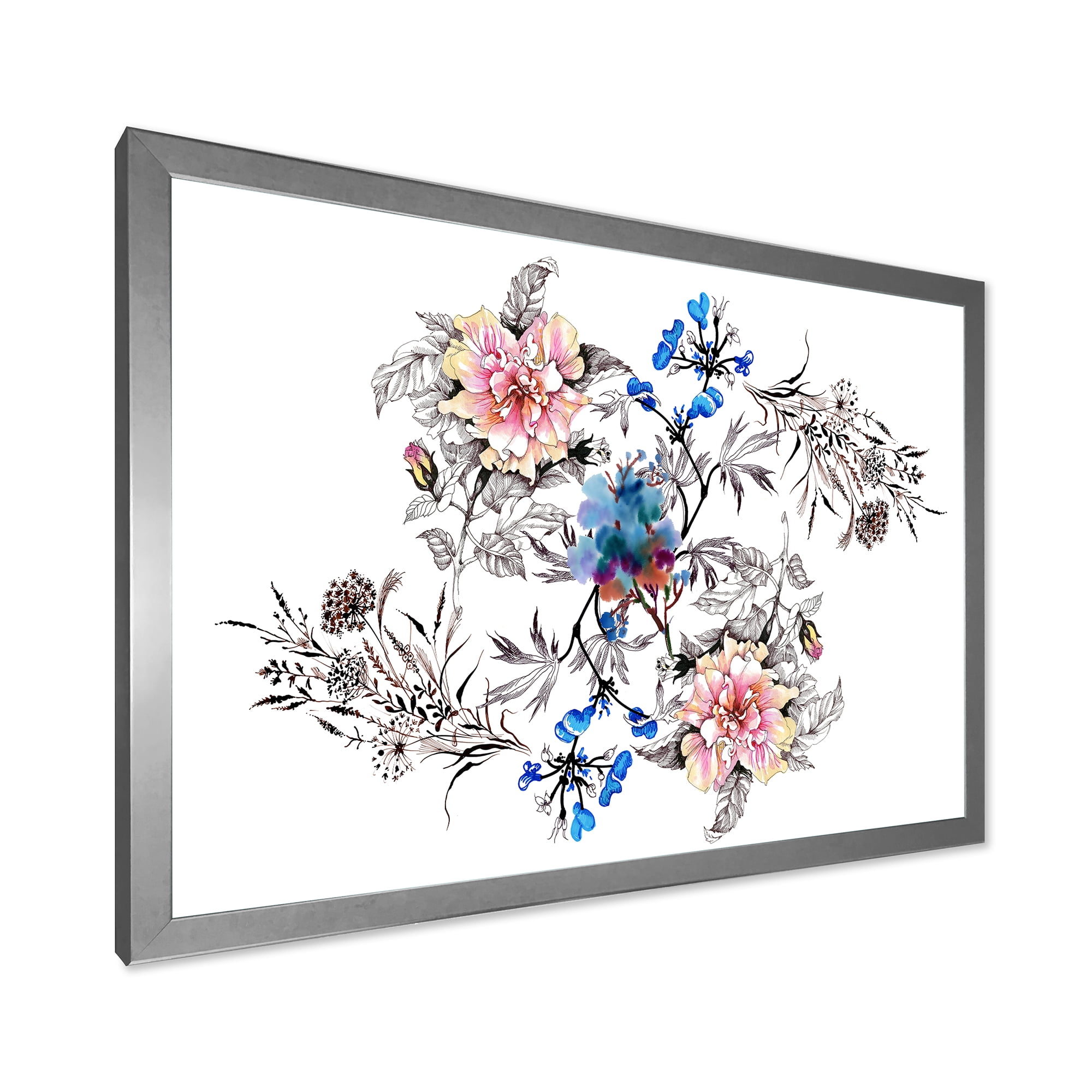 Designart 'Pink and Blue Wildflowers' Traditional Framed Art Print