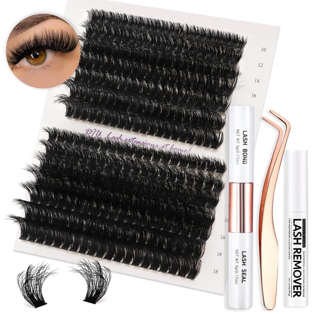 Vznffur Kit de extensión de pestañas esponjosas, 280 piezas, kit de extensión de pestañas gruesas 80D 100D mezcla de 0.394-0.709 in de volumen, kit de pestañas con unión de pestañas y pinzas de pestañ