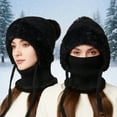 thumbnail image 2 of Bibifish Womens Scarf Hat One Piece Winter Warm Lined Scarf Hat With Pompoms Cold Weather Windproof Thermal Knitted Neck Warmers, 2 of 5