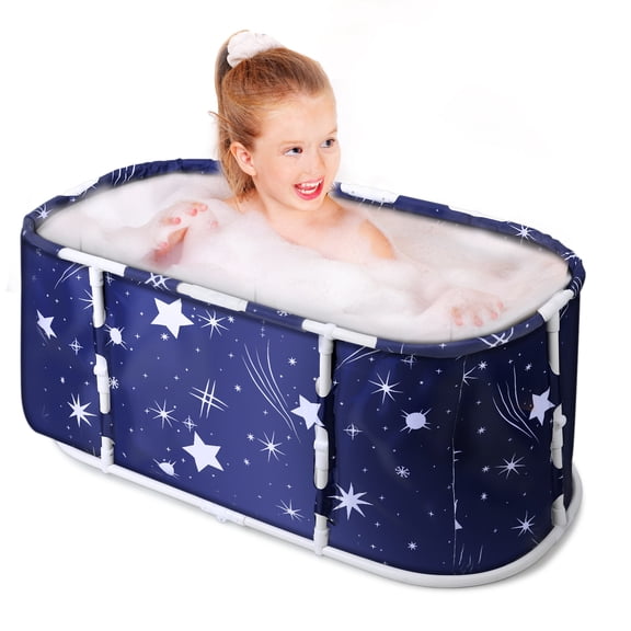 Momarys 45.28” Extra-Large Foldable Bathtub (Starry Blue) - Freestanding Collapsible Tub with Upgraded Support Frame, Double Drain Holes - Family SPA Tub for Hot/Ice/Recovery Baths