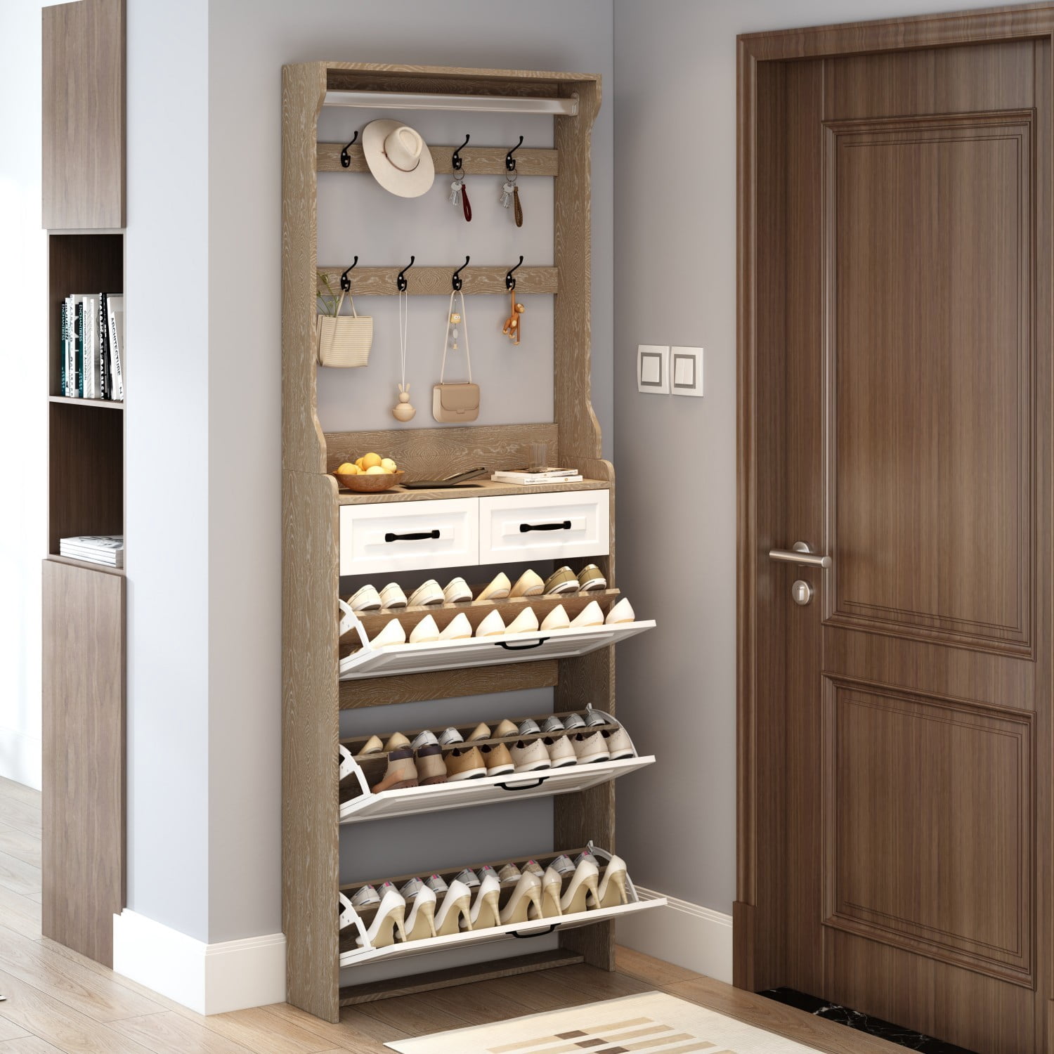 Shoe Cabinet with 3 Flip Doors, 2 Drawers & Hanging Rack, Narrow Entryway Shoe Storage Organizer for Hallway, White+Oak