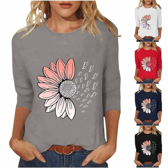 Fengqque Womens 3/4 Sleeve Tops Oversized Round Neck Loose Fit Blouses Print Waist-cinching T Shirts for Women White XL(XL)