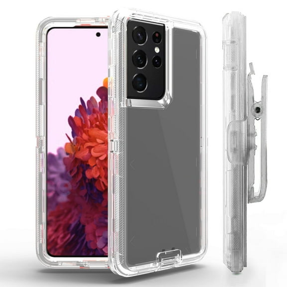 For Samsung Galaxy S21 Ultra 5G / SM-G998 Transparent Shockproof Protective Armor With Clip Hybrid Case Cover Clear