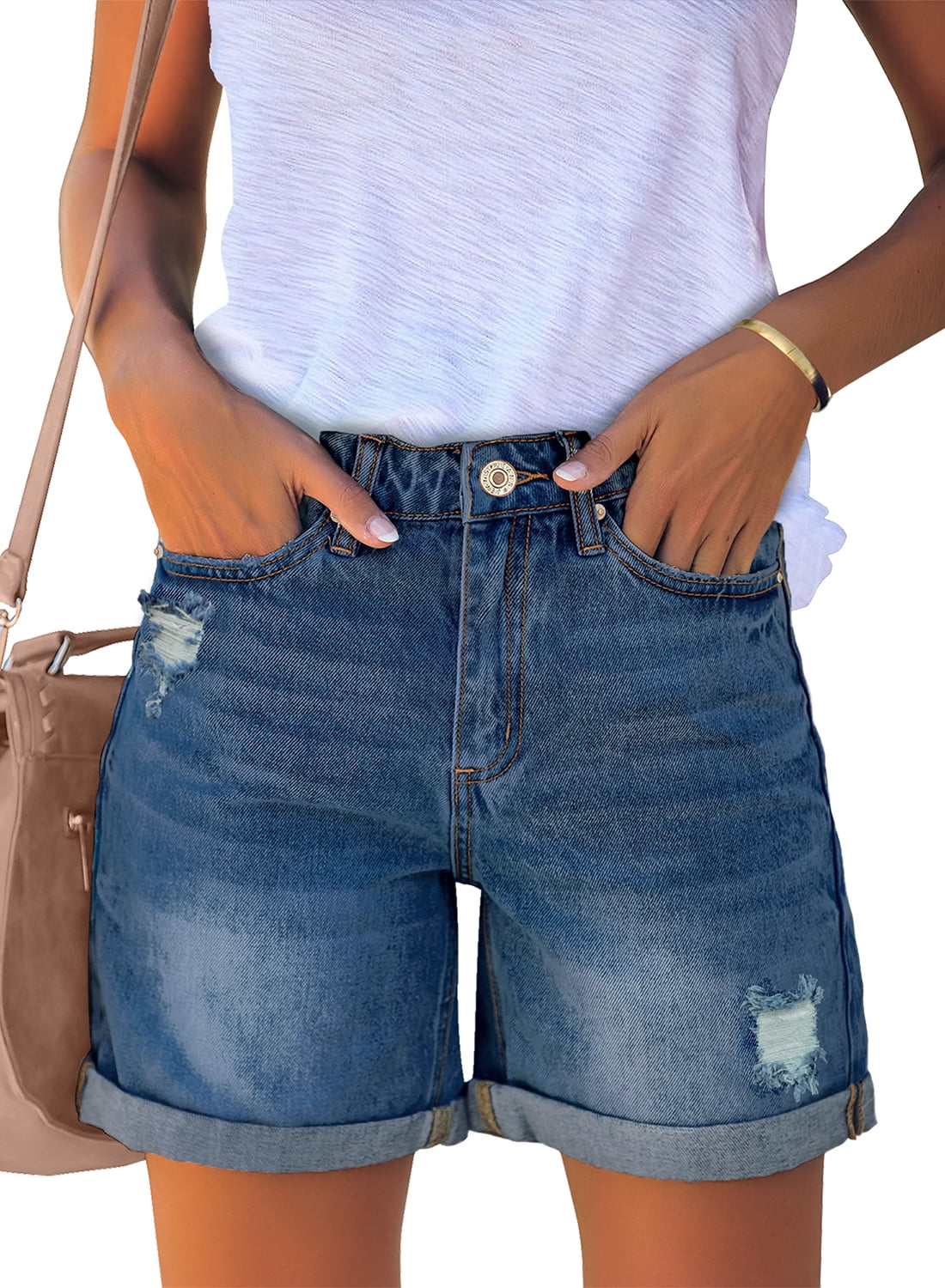 LookbookStore Distressed Rolled Hem Denim Shorts For Women Casual lookbookstore-distressed-rolled-hem-denim-shorts-for-women-casual