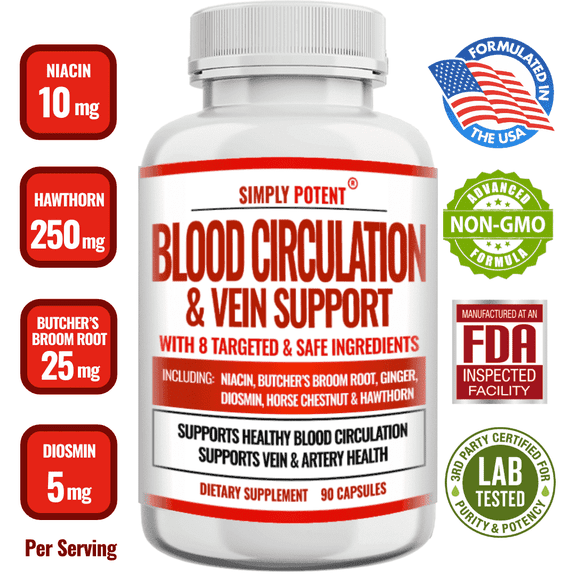 Simply Potent Blood Circulation & Vein Support Supplement for Women  90 Capsules | Varicose & Spider Vein, Leg Swelling & Lymphatic Drainage Support | Horse Chestnut Diosmin Butcher's Broom Hawthorn