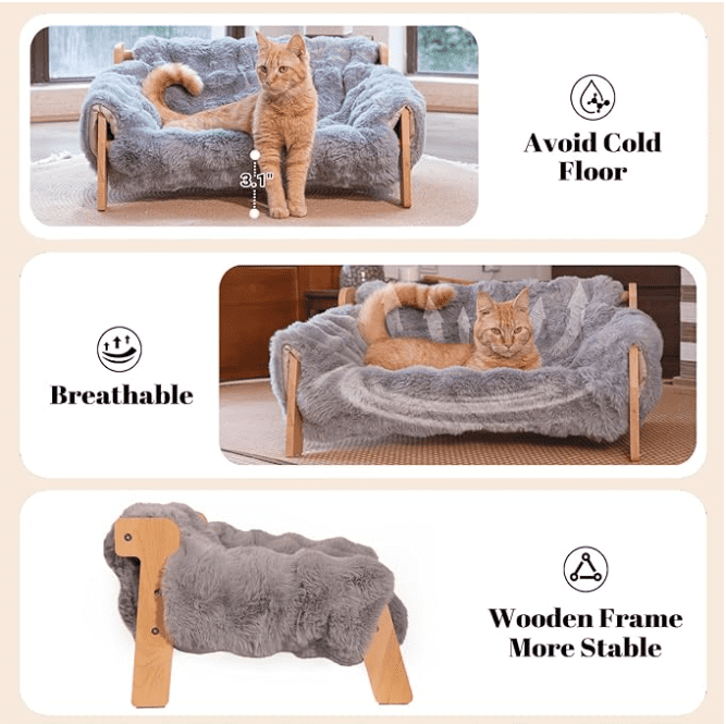 CheerPals Elevated Cat Couch Bed for Indoor, Wooden Cats Sofa with Fluffy Cover Raised Kitty Lounge Chair Suitable for Puppy(Grey)