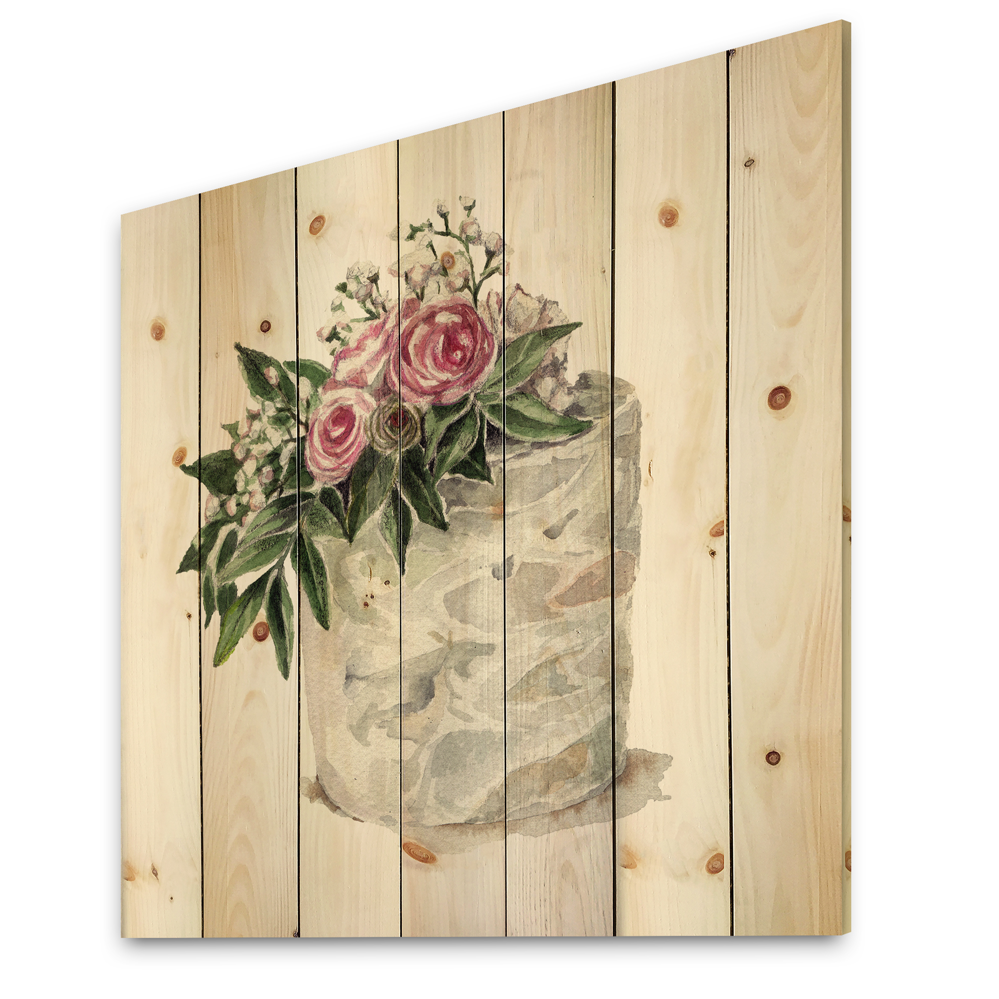 Designart 'White Flowers and Pink Roses On Cake' Traditional Print on Natural Pine Wood