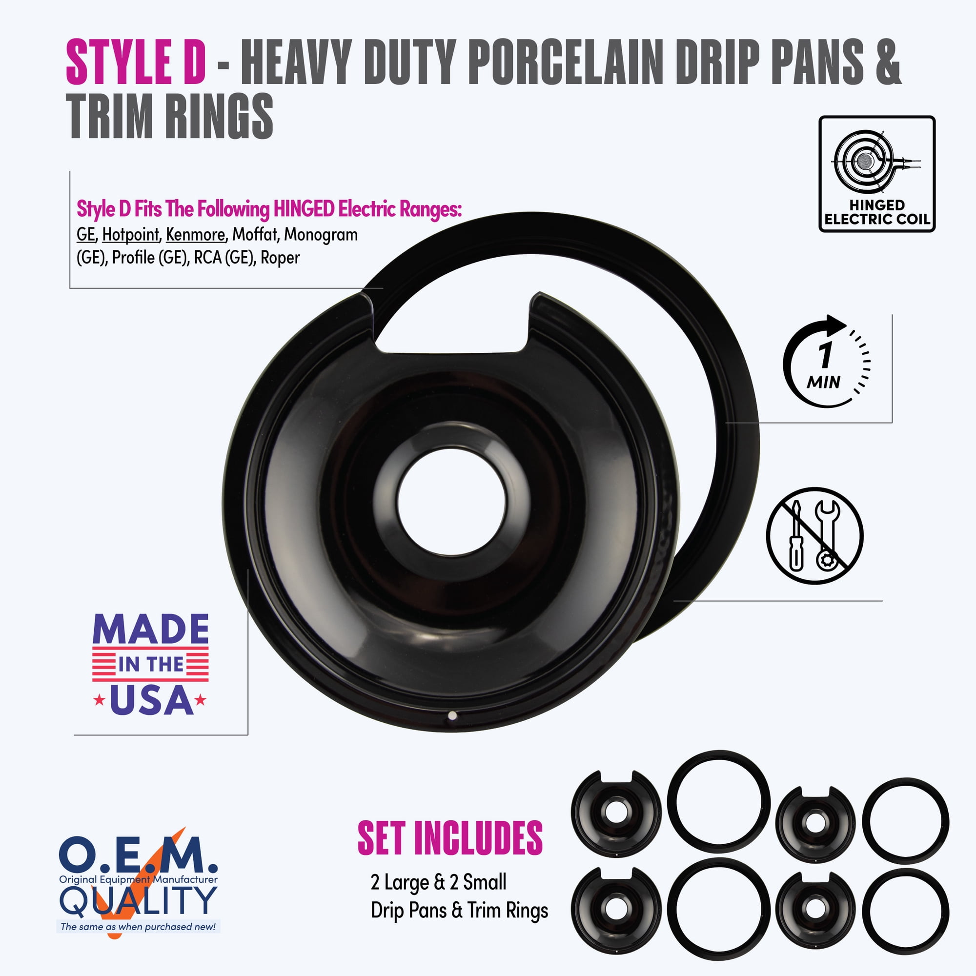 Range Kleen P1056RGE6 Style D 2 Large and 2 Small Drip Pans and 2 Large and 2 Small Trim Rings