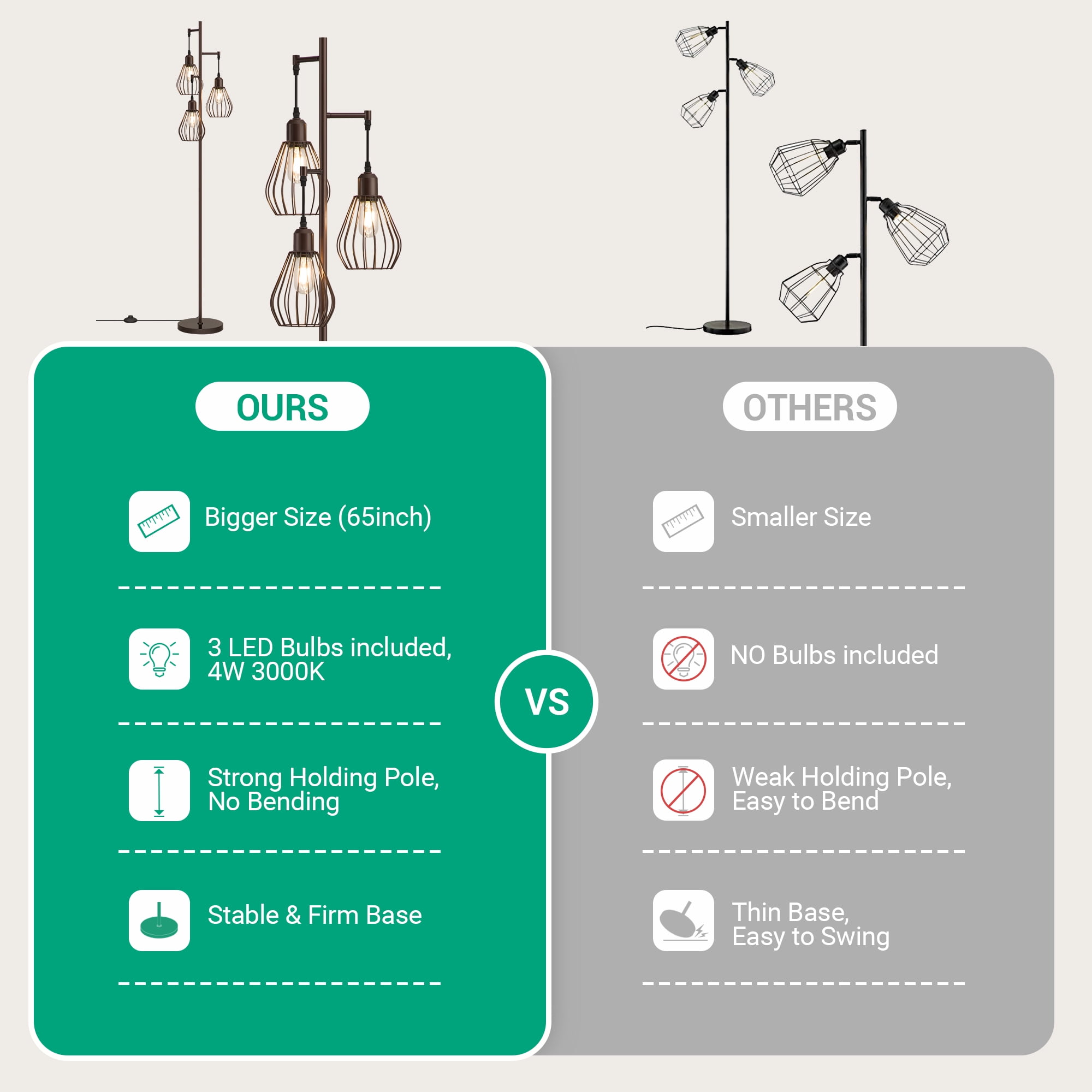 EDISHINE 3-Light 65.5" Tree Floor Lamp with bulbs included，Perfect for Living Room, Bedroom, Office, Dining Room Decor - Bronze