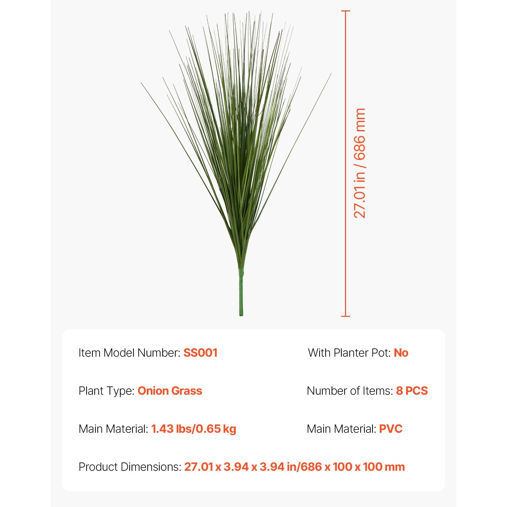 Artificial Onion Grass 8-Pack, 27 Inch Tall PVC Plants with 8 Stems Each, Lifelike Texture, No Watering Needed, Indoor Outdoor Decor for Home Garden Office