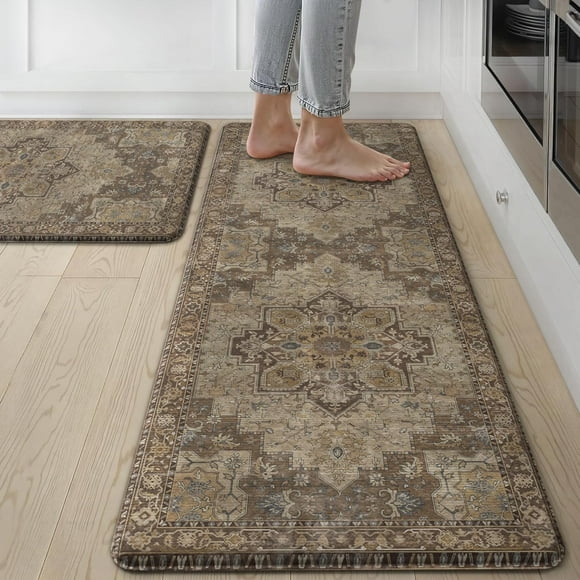 TEMOGU-Kitchen Mats for Floor 2PCS, Washable Anti Fatigue Mat for Cushioned, 17.3"x47"+17.3"x30", Waterproof Kitchen Rugs, Non Slip Comfort Standing Mat Rug for Home, Sink, Laundry, Rustic Brown